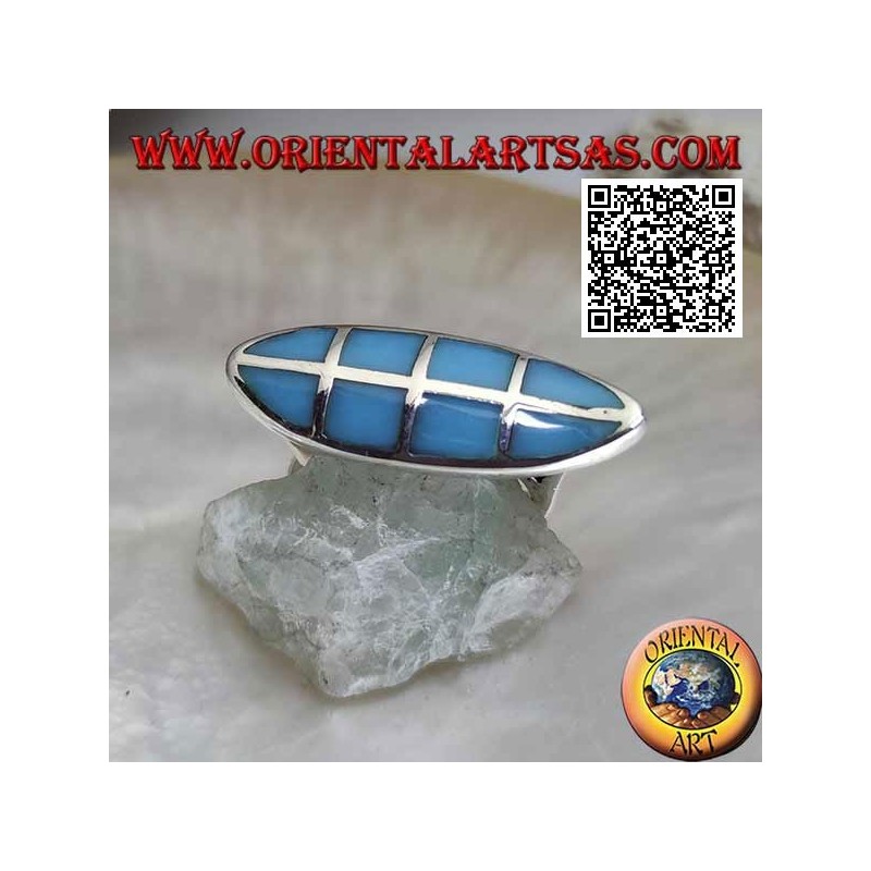 Bague navette en argent lisse avec turquoise carrée sertie au ras de la tranche 